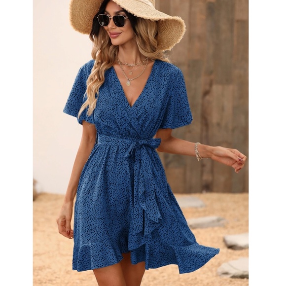Rouge! Dresses & Skirts - Blue with Black Spotted Print Wrap Mini Dress Short Sleeves Belted